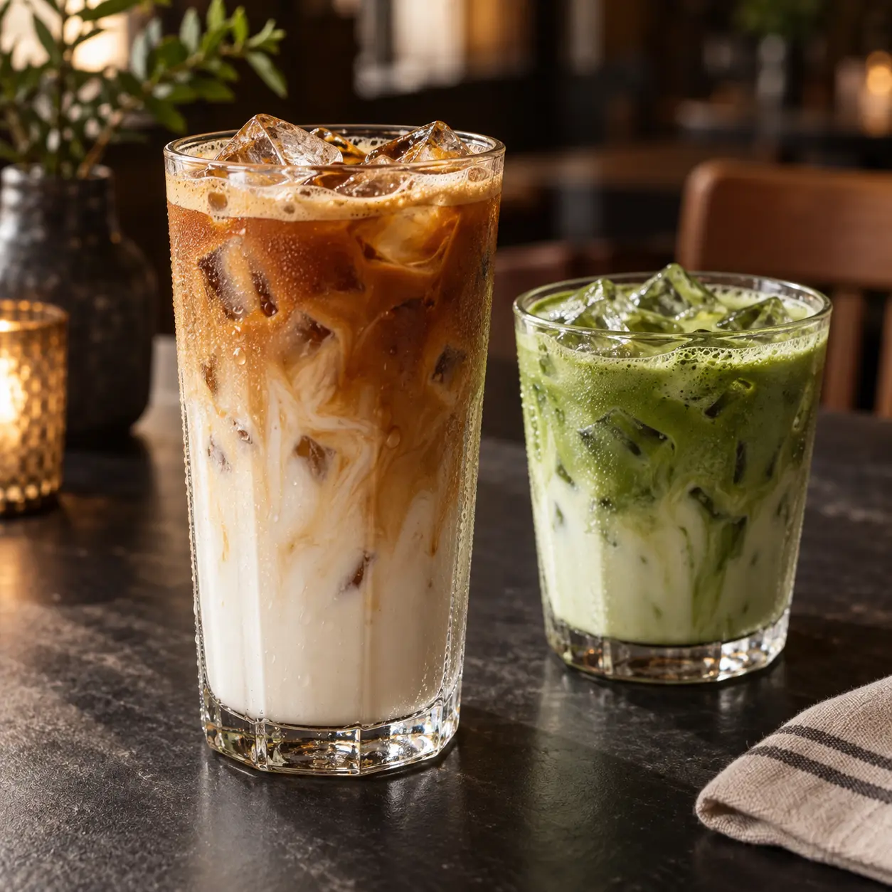 Iskaffe och iced matcha latte i höga glas