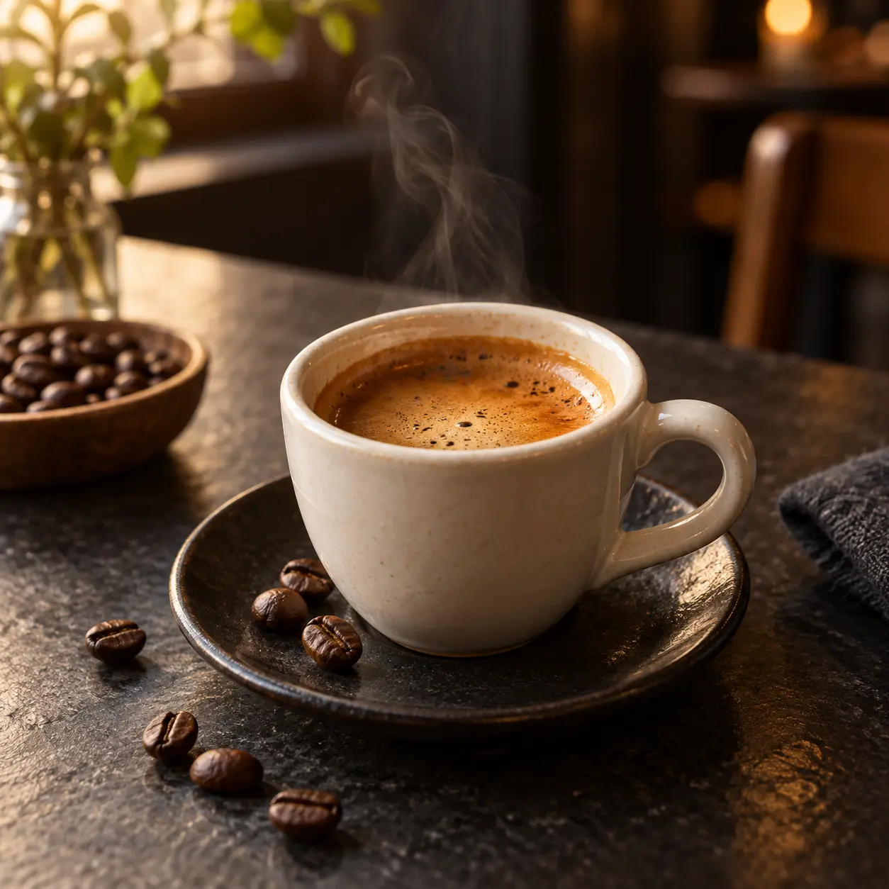 Espresso i kopp med kaffebönor bredvid