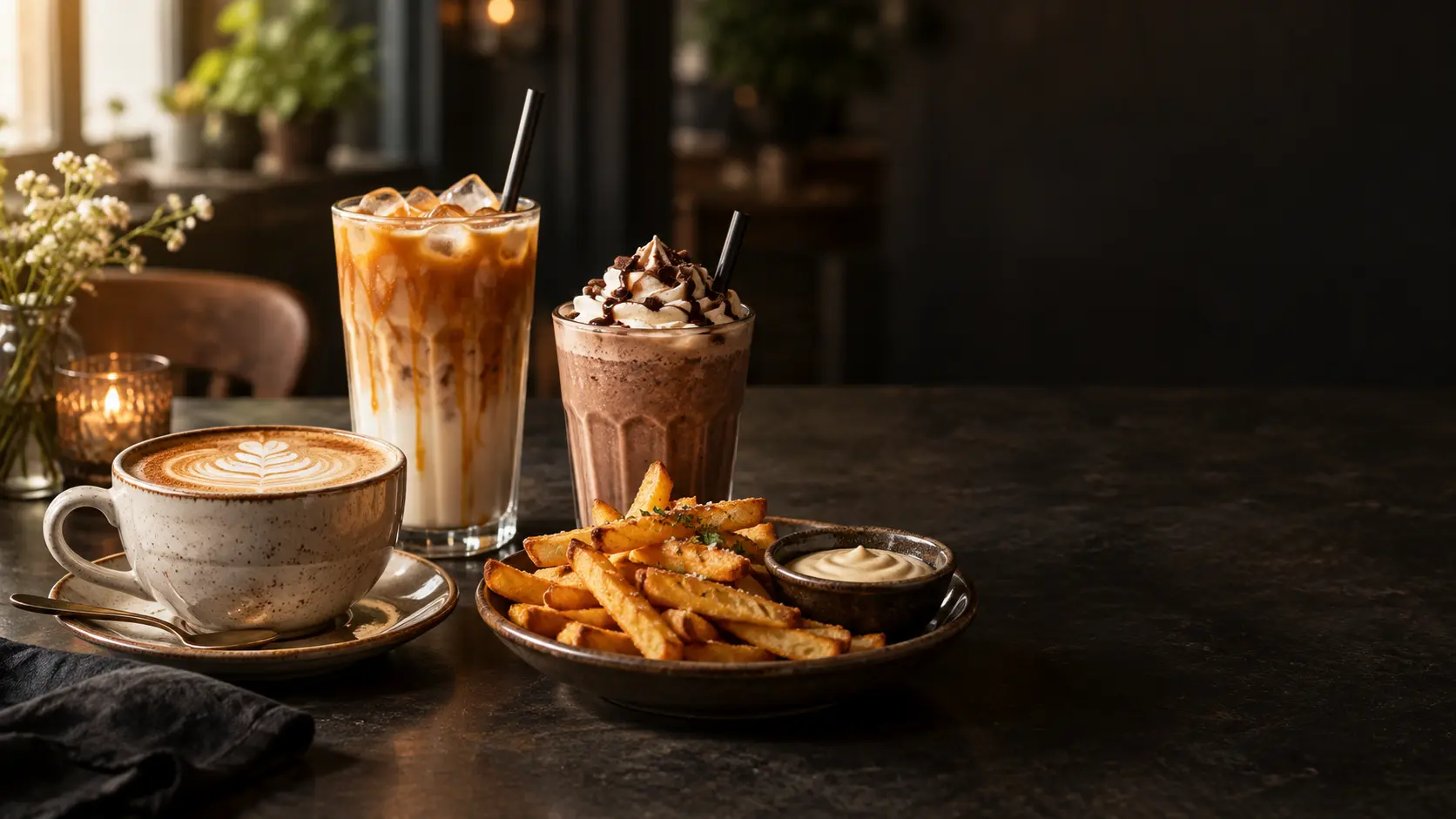 Cappuccino, iskaffe, milkshake och pommes på ett café-bord