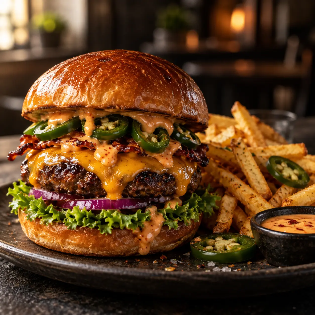Het burgare med jalapeños, cheddar och pommes