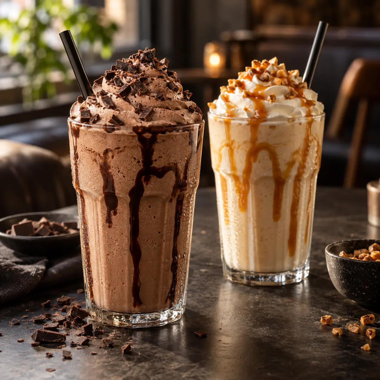 Choklad- och karamellmilkshake med grädde